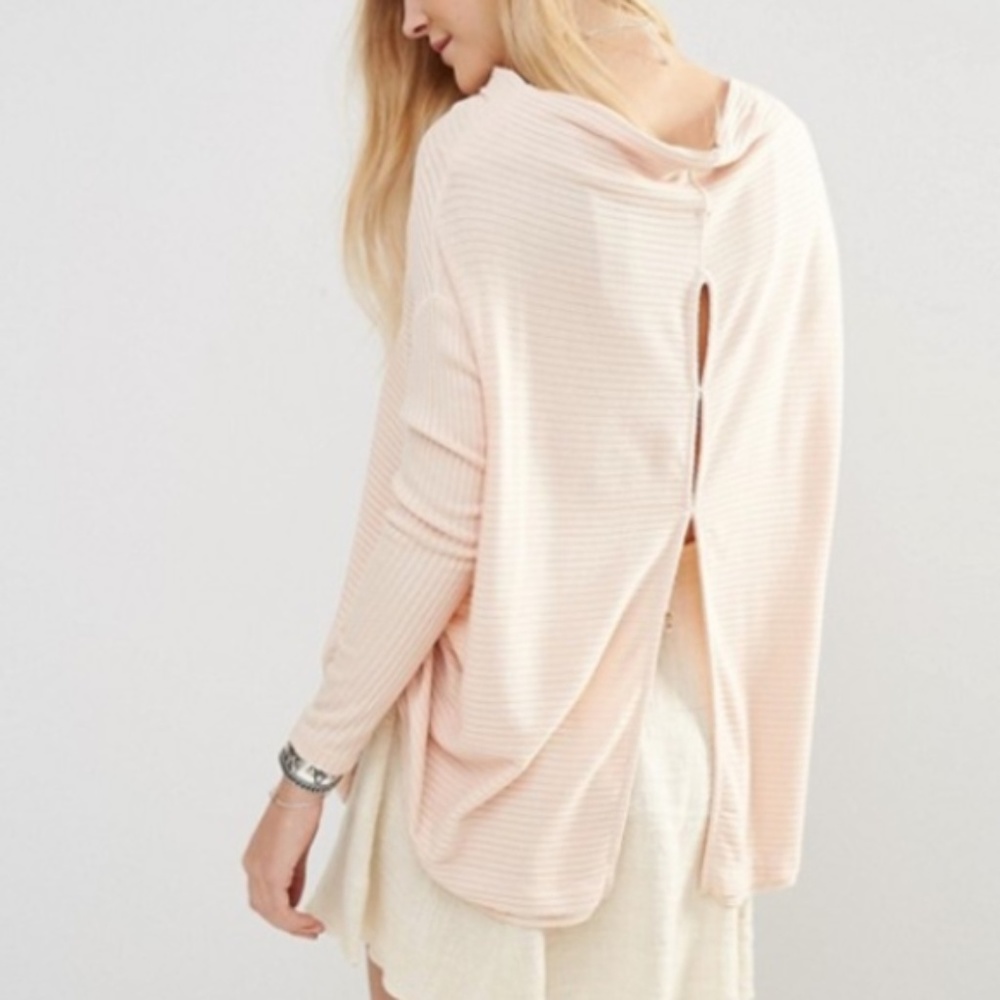 Free People cowl neck split back rib sweater pink